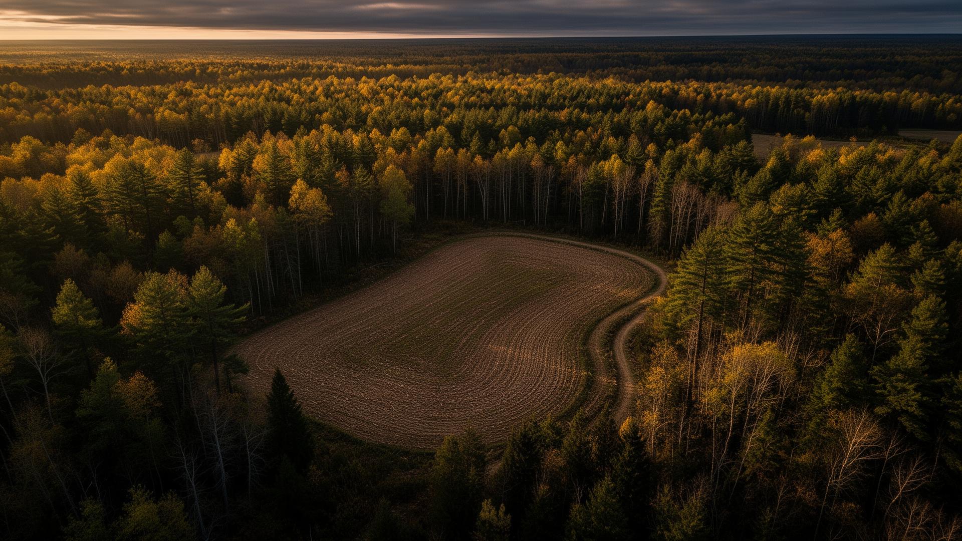 Aerial view of a Minnesota food plot carved into mixed northwoods forest